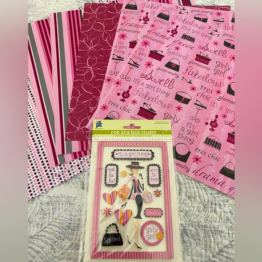 👛 PROVO CRAFT “GIRLY GIRL” 3-D STICKERS & SCRAPBOOK PAPER BUNDLE. RETIRED!
